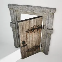 Low-poly 3D model of a textured medieval wooden door with stone arch for Blender 3D projects.