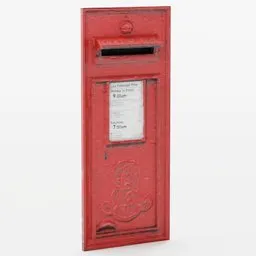 "Highly detailed 3D model of a red wall-mounted letter box, perfect for Victorian or post-war England scenes. Photo-scanned and optimized for Blender 3D. Includes PBR textures and complete postal design."