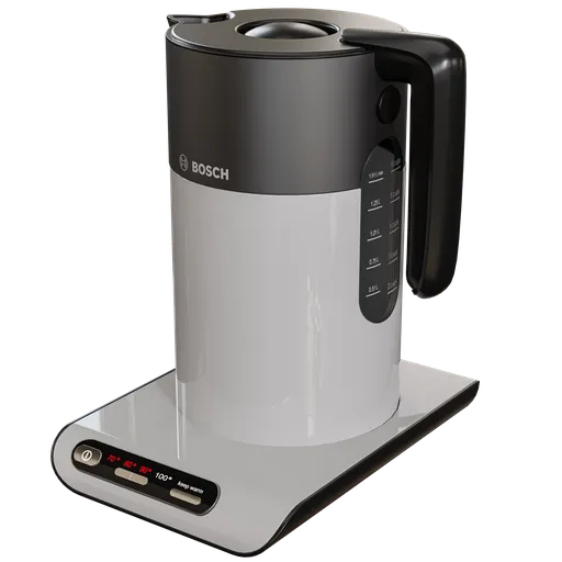 Realistic Bosch Styline kettle 3D model, white, rendered in Blender Cycles, available in .blend format.