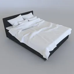 Realistic 3D model of a modern double bed with white bedding, designed for Blender rendering and compatible with various software.