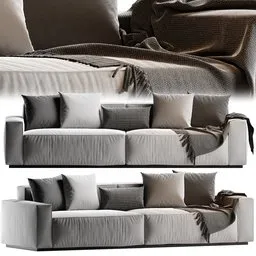"Modern monochrome 3D sofa model with folded dynamic design, including pillows and blanket, perfect for Blender 3D software. Shades of dark colors and Armani style add to its contemporary appeal."