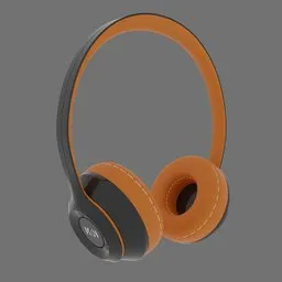 "Blueberra and orange plastic headphones with leather pads on a gray surface. 3D model rendered in Blender using Octane. Perfect for audio projects."