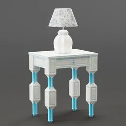 "3D model of a white bedside table with a blue lamp on top. This highly detailed and symmetrical design, created by Carlo Galli Bibiena, features a soft blue texture. Perfect for Blender 3D users in search of a realistic and ornate bedroom furniture piece."