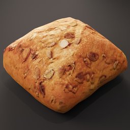 "Low poly artisan bread with seeds and normal map, modeled in Blender 3D from a 3D scan. Perfect for use in food-related video games and mobile apps."