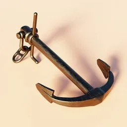"Realistic metal anchor with hook on pink surface, detailed 3D model for Blender 3D. Perfect for use in watercraft game assets or realistic renderings. High quality textured and rendered with Fry and Cinema 4D."