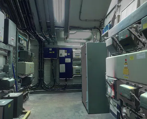 High-resolution image of a dimly lit technical control room with electrical panels and piping, suitable for scene lighting.