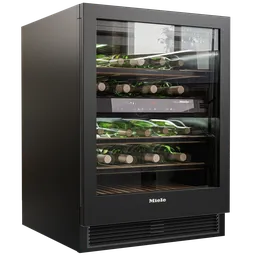 Highly detailed 3D model of a wine cooler with wooden shelves, digital control panel, rendered in Blender cycles, available in .blend format.