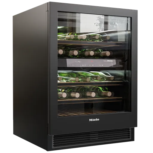 Highly detailed 3D model of a wine cooler with wooden shelves, digital control panel, rendered in Blender cycles, available in .blend format.