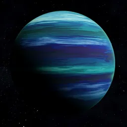 "Procedural Gas Planet 3D model for Blender 3D software. Create your own custom colors using the Ramp and Curve feature, with a simplified Shader Editor and Node Grouping. The planet features a blue and green stripe, with ocean specular and bar background for a stunning visual effect."