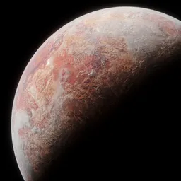 "Realistic Fictional Planet 3D Model for Blender 3D using Cycles Renderer. Features rust and marbled texture, a big white moon background, and red sand. Created by Kogan Gengei."