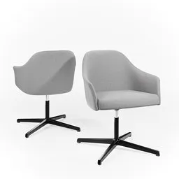 3D model two gray upholstered chairs with black metal bases, modern furniture design, Blender rendering.