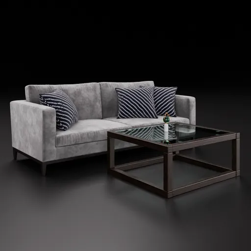 Detailed 3D rendering of a velvet striped sofa with a modern coffee table and decorative vase, ideal for Blender projects.