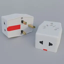 Detailed 3D model of white UK plug adapter with separate components, compatible with Blender.