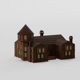 Detailed Blender 3D model of a large, low-poly house with lit windows and interior space, perfect for architectural visualization.