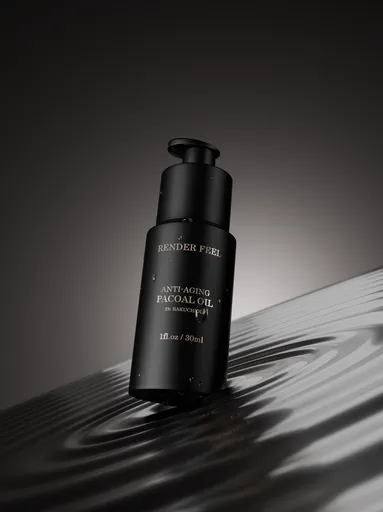 3D-rendered black serum bottle on reflective surface, highlighting photorealism in Blender modeling.