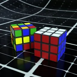 "High-resolution Rubiks Cube 3D model for Blender 3D, featuring a 4k texture and rendered with vibrant redshift graphics reminiscent of 1980s CGI. Perfect for use in professional projects or personal experimentation."