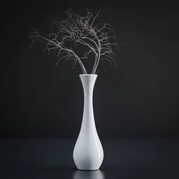 3D-rendered slender white ceramic vase with detailed twigs, optimized for Blender use.
