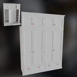 Elegant white 3D wardrobe model showcasing intricate panel design and functional knobs, perfect for Blender 3D projects.
