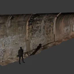 "Train tunnel wall" 3D model for Blender 3D. This stadium category 3D model depicts a graffiti-covered wall in an industrial train tunnel. Inspired by John Thomson, the model features erosion channels, tunnels, and plays with light and shadows for an urban decay aesthetic.
