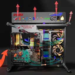 Detailed Blender 3D model featuring animated cables, lights, and hardware components like ASUS Rampage motherboard and AORUS RTX 2080 GPU.