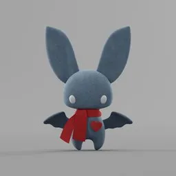 Cute anthropomorphic bat plush 3D model with red scarf and heart detail, designed for Blender rendering.