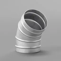 "3D model of a 45-degree vent pipe connector made of metal for Blender 3D software. Minimalist photorealistic design with dynamic folds and monochrome finish. Perfect for industrial and architectural visualizations."