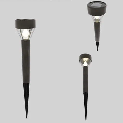 Solar garden light 3D model, high-poly design with 4K textures for realistic archVis, shown in multiple views.