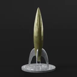 Detailed brass rocket 3D model with clear stand, ideal for Blender 3D rendering and desk decoration visualization.