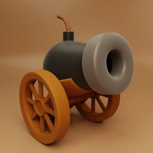 Stylized 3D-rendered war cannon model with wooden wheels, ideal for Blender animation projects.