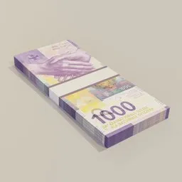 "Hyper-realistic stack of 1000 Swiss Franc bills 3D model on a table - industrial design concept by Erwin Bowien. Perfect for Blender 3D rendering and trending on Behance and DeviantArt. Get rich, colorful, and absurd with this capitalist-inspired rectangular piece of art."