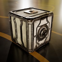 "Lowpoly/Midpoly highly-detailed sci-fi/post-apocalyptic container 3D model for Blender 3D. Featuring a silver white and gold design, with a lockbox and camera on top. Perfect for industrial exterior scenes."