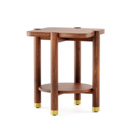 "Small hexagon walnut accent table with a brass tripod stand and a shelf, inspired by Wolfgang Zelmer and Ricardo Bofill's designs. Polished and elegant, a timeless piece for any interior."