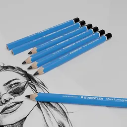 Detailed 3D rendering of blue jumbo pencils with precision textures, ideal for Blender artists and stationery design.