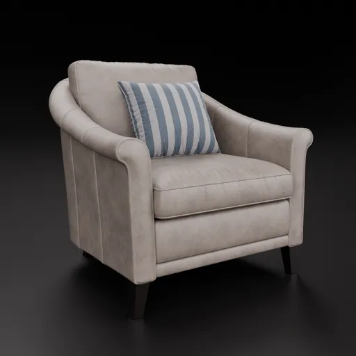 Realistic 3D model of a stylish beige genuine leather armchair with striped cushion, seamless for Blender integration