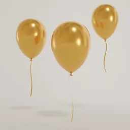 "Three shiny golden party balloons floating in the air with strings against a clear backdrop. This 3D model was created using Blender 3D software and rendered with Redshift renderer, featuring a gilded banner and a 16:9 golden ratio. Perfect for any celebration or event themed project."
