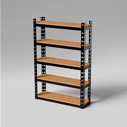 Detailed 3D Blender model of a four-shelf metal and wood garage storage rack with a realistic design.