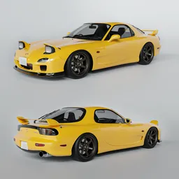 High-quality 3D model of a yellow Mazda RX-7 FD, suitable for Blender rendering and animation.