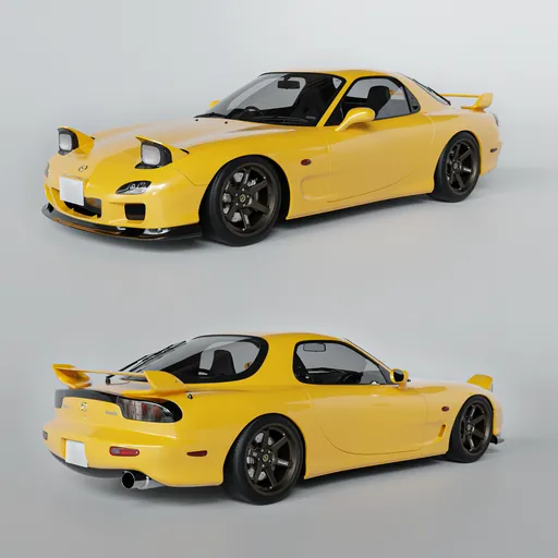 High-quality 3D model of a yellow Mazda RX-7 FD, suitable for Blender rendering and animation.