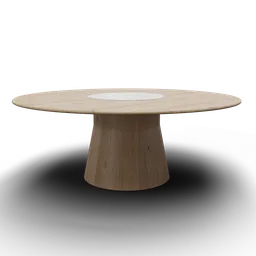 "Round dining table with white plate on top, rendered in Vray. Marble middle top and pine base with detailed body shape and proportioned on a circle. Featured on Artstation and available on BlenderKit under the 'table' category."