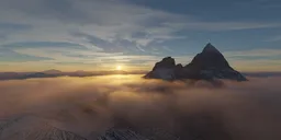 Sunset illuminating mountain peaks and clouds, ideal for scenic HDR lighting.