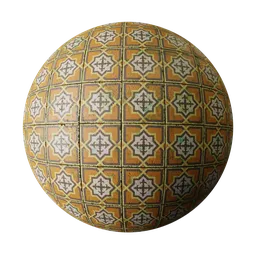 High-quality PBR material of a vintage Asian-inspired yellow patterned tile for 3D rendering in Blender.
