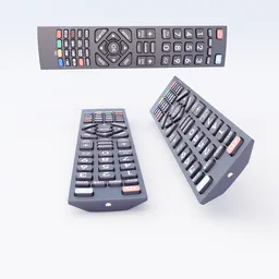 Detailed 3D model of a black television remote with buttons displayed in various angles, compatible with Blender.