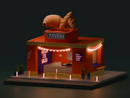 Lowpoly 3D model of a vibrant, modern bakery with minimalist furniture and illuminated interior, perfect for Blender rendering.