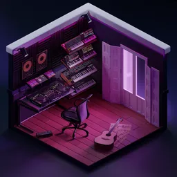 Detailed isometric Blender 3D model of a music production studio with DJ equipment, synthesizers, and guitar.