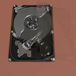 Highly detailed 3D model of a 2TB Samsung HDD with transparent cover showcasing internal components.