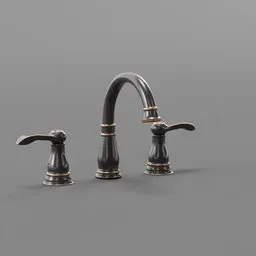 Rustic oil-rubbed 3D faucet model with dual handles, compatible with Blender for realistic scenes.