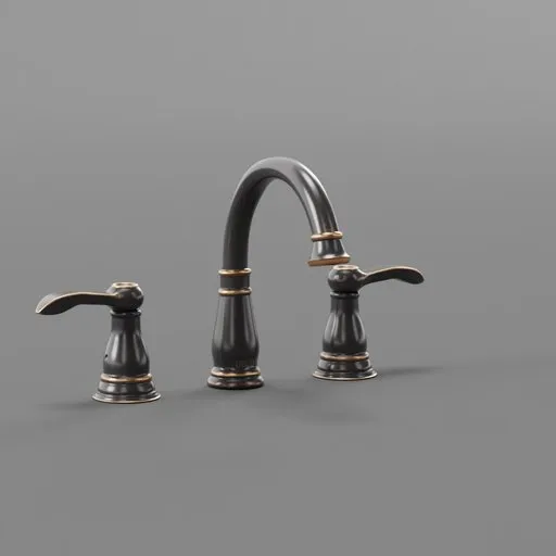 Rustic oil-rubbed 3D faucet model with dual handles, compatible with Blender for realistic scenes.