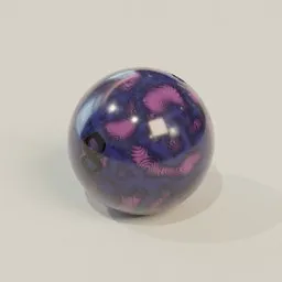 "Extreme purple and blue Bowling Ball 3D model for Blender with a black hole in the middle. Well-rendered, with soft scale texture and obsidian pomegranate design. Perfect for sports or game-related projects."