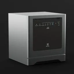 "Electrolux dishwasher for kitchen cabinets: Detailed 3D model rendered in Unreal Engine 5, showcasing sleek silver and black design on a black surface. Ideal for Blender 3D enthusiasts looking for a realistic kitchen appliance."
