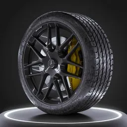 "Highly-detailed Mercedes wheel 3D model for Blender 3D with yellow rim on a black surface. Perfect for racing games or advanced automobile visualizations. Substance Designer height map included for realistic texture. "